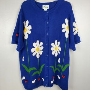 The Quacker Factory Spring Daisy Ladybug Cardigan Sweater Womens Sz 1X EUC Blue